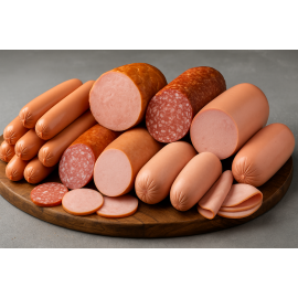 Натуральные мясные изделия из индейки: варёные сосиски, колбаски, ветчина и су-вид в вакуумной упаковке без химии, без глютена, без лактозы — на белом фоне.

