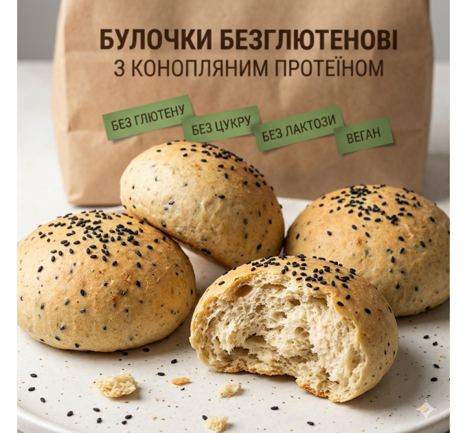 Безглютенові булочки з конопляним протеїном — джерело рослинного білка без цукру і дріжджів