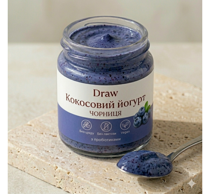 Кокосовий йогурт Чорниця, без цукру, лактози та казеїну — рослинний йогурт з пробіотиками