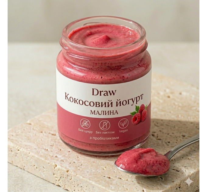 Кокосовый йогурт Малина, без сахара, лактозы и казеина, — растительный йогурт с пробиотиками