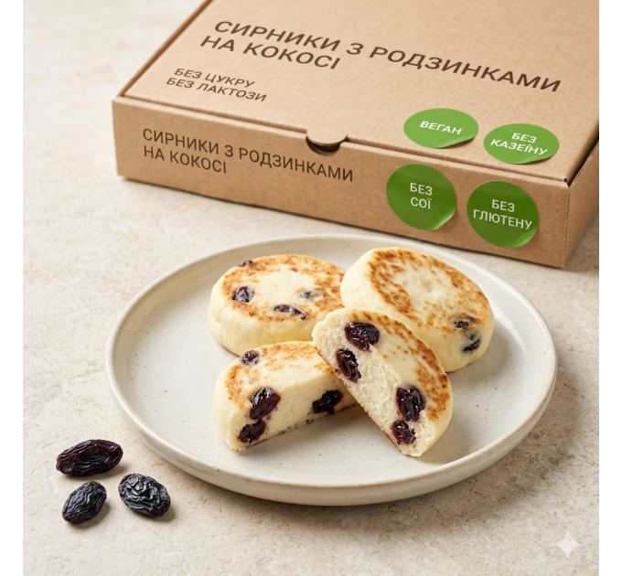 Веганські сирники з родзинками — без цукру, глютену, лактози та сої, з пробіотиками, для посту і здорового харчування