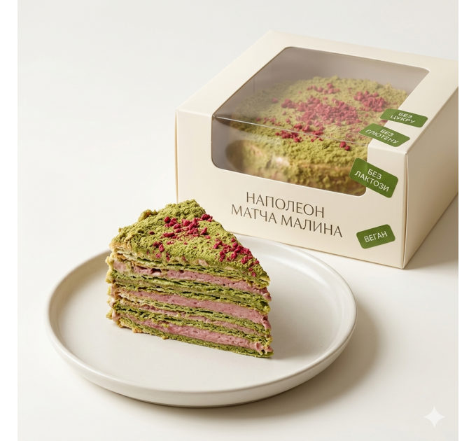 Безглютеновий веганський торт Наполеон Матча–малина без цукру, лактози та яєць