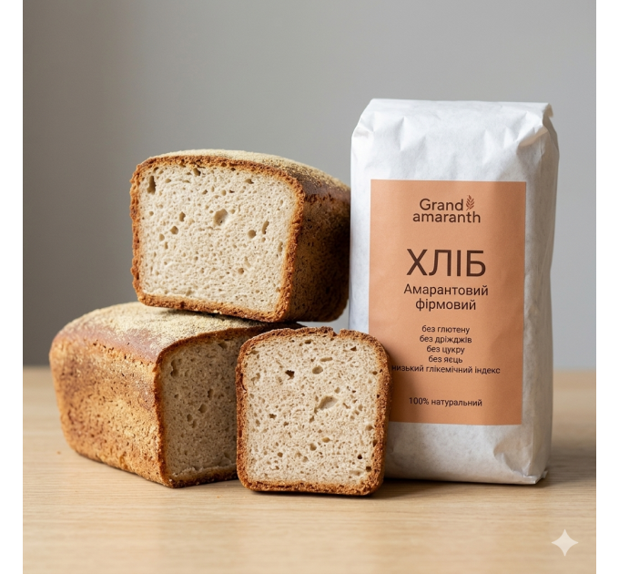 Безглютеновий амарантовий хліб — цільнозерновий, без дріжджів, яєць і цукру, з низьким глікемічним індексом