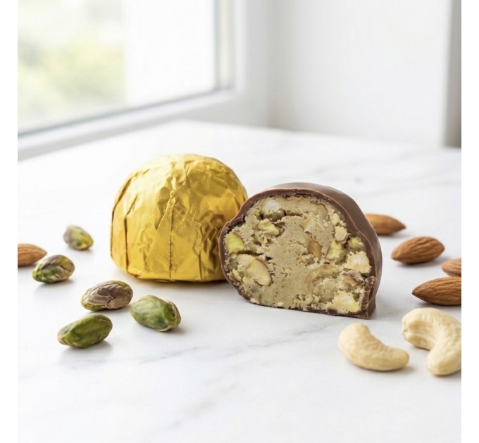 Цукерки в молочному шоколаді без цукру з фісташкою, мигдалем та кеш’ю без лактози та казеїну