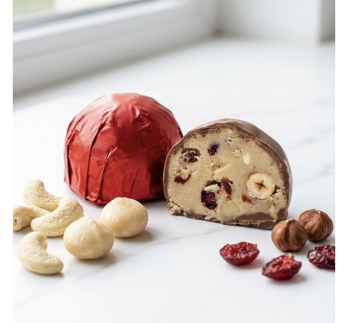 Цукерки в молочному шоколаді без цукру з фундуком, макадамією, кеш’ю та журавлиною без лактози та казеїну