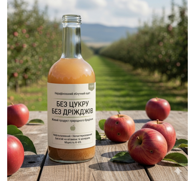 Нерафинированный яблочный уксус без сахара и дрожжей RAW для питья, 500 мл