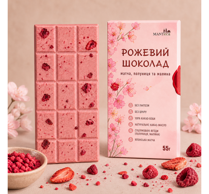 Натуральный Розовый шоколад Матча клубника-малина без сахара и лактозы 55 г