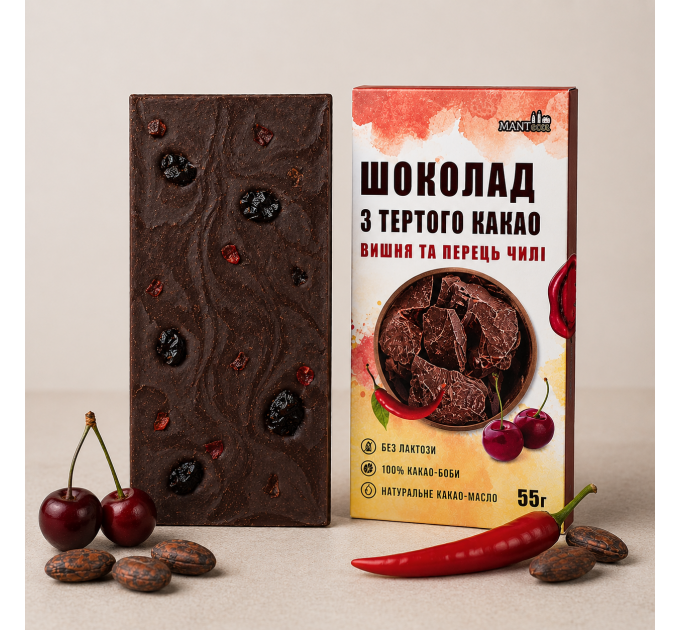 Натуральний шоколад без цукру з тертого какао з вишнею та перцем Чилі 55 г