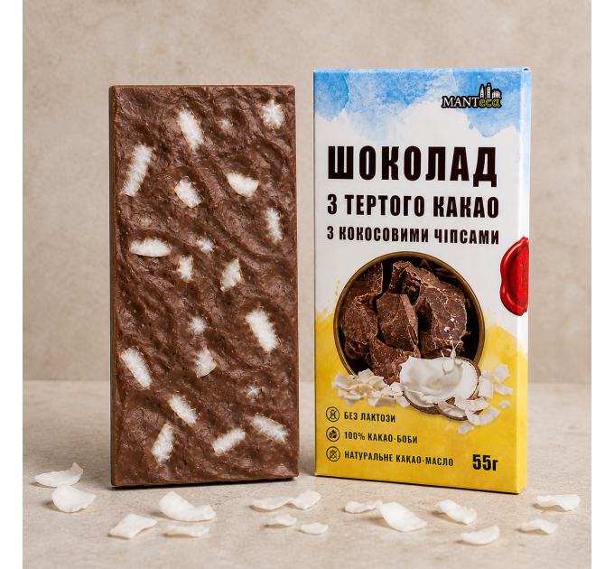 Натуральный Шоколад молочный без сахара с кокосом из тёртого какао 55 г