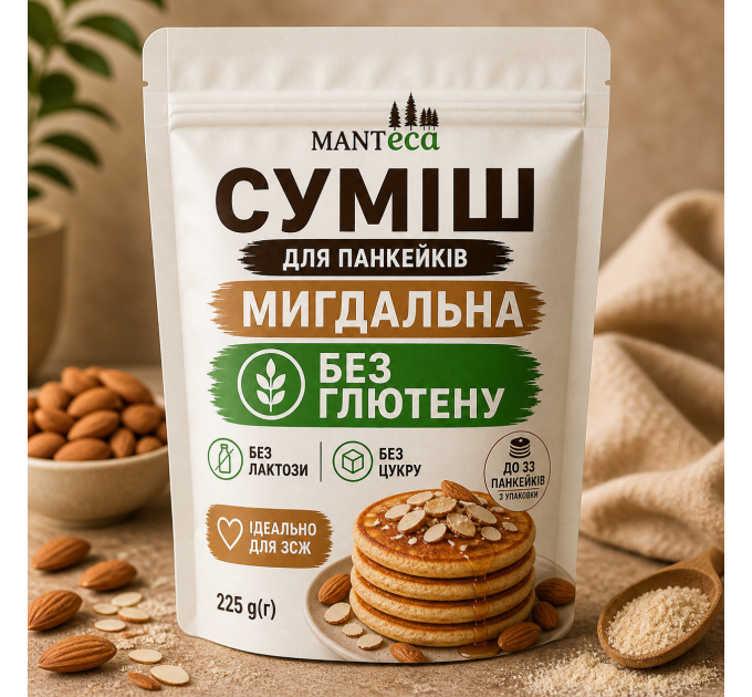 Смесь без глютена лактозы и сахара для панкейков Миндаль 225 г