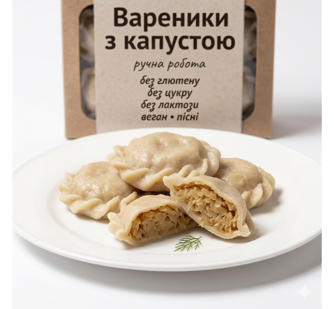 Безглютенові вареники з капустою — ручна робота, заморожений напівфабрикат для здорового харчування