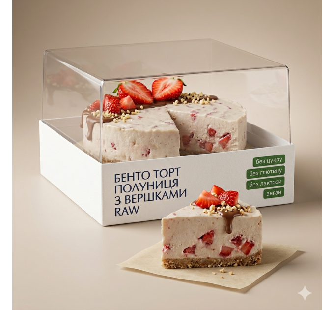 Бенто торт полуниця з вершками без цукру та глютену raw-кейк — пісний десерт без лактози, казеїну та яєць