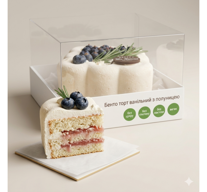 Бенто торт ванильный с клубникой низкокалорийный без сахара без глютена без лактозы без казеина без яиц веганский постный десерт