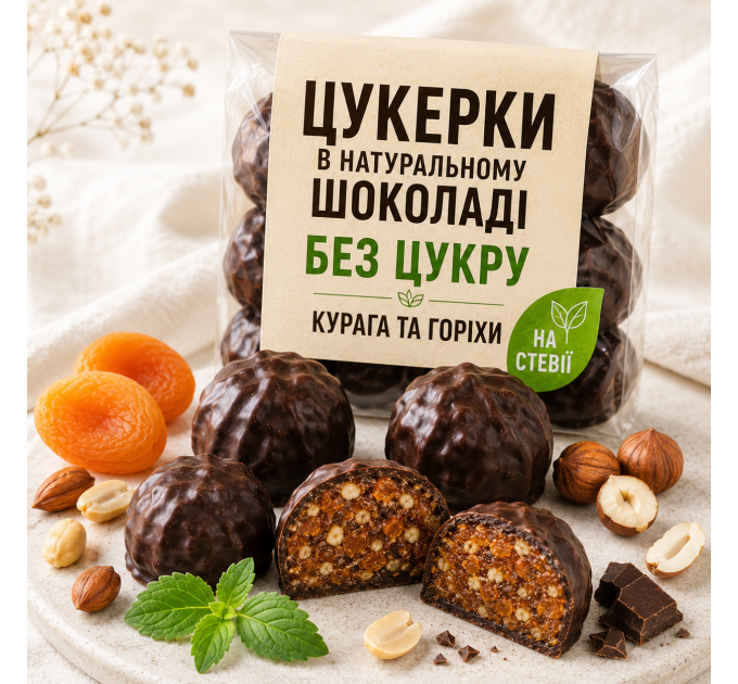 Цукерки з курагою та горіхами у натуральному шоколаді без цукру на стевії
