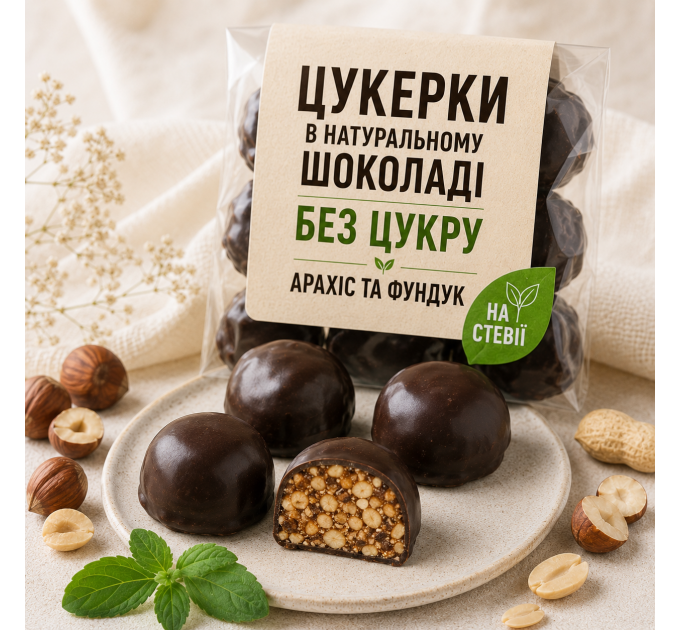 Горіхові цукерки у натуральному шоколаді без цукру на стевії з арахісом та фундуком
