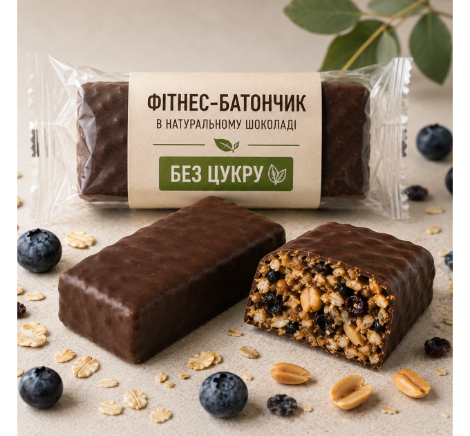 Фітнес-батончик у натуральному шоколаді без цукру на стевії та меді з арахісом, чорницею і вівсянкою